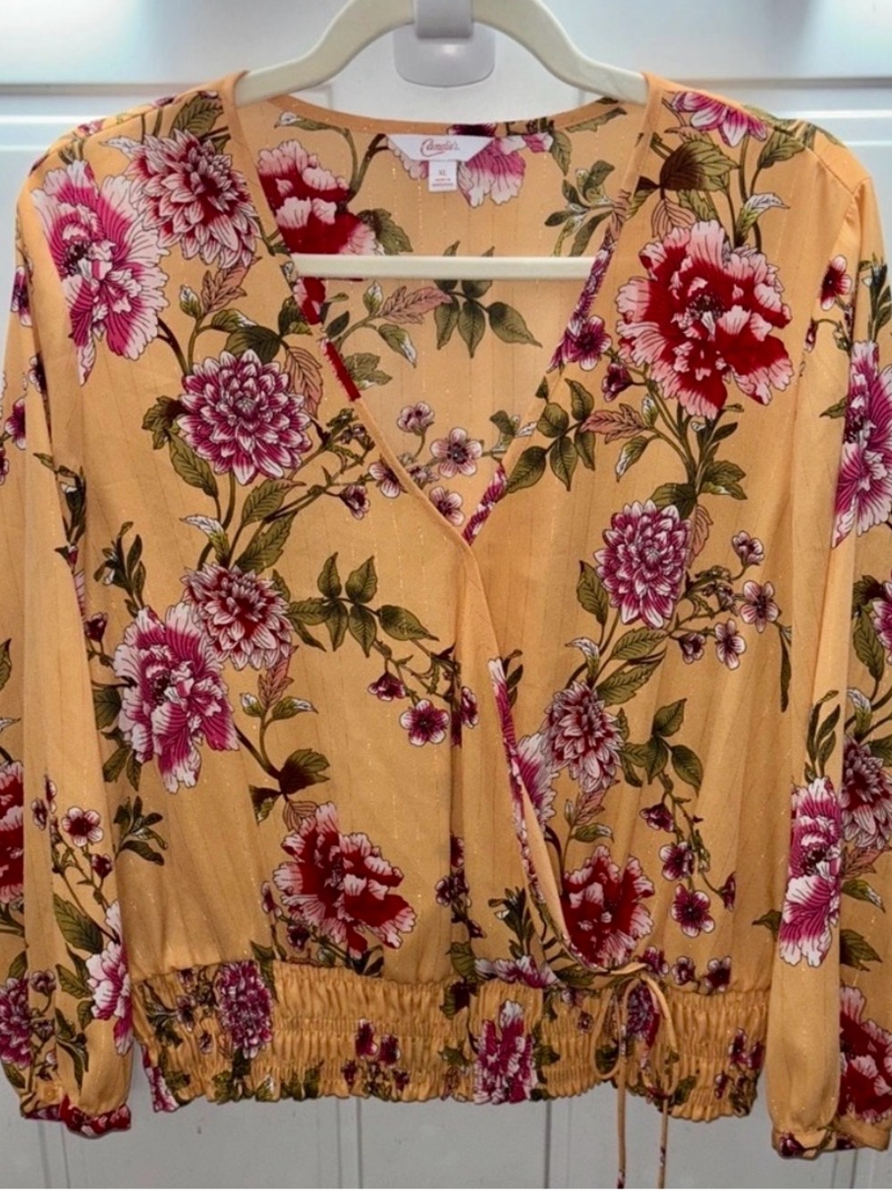 Candie's Mustard Yellow Floral Wrap Blouse